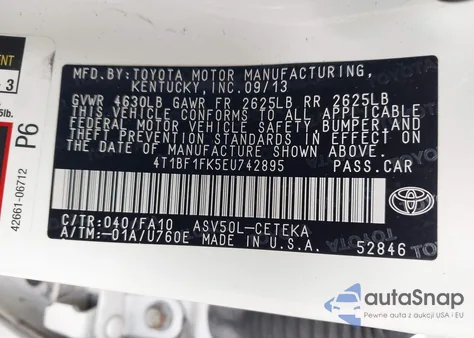 2014 Toyota Camry L z USA, uszkodzony, nr VIN 4T1BF1FK5EU742895